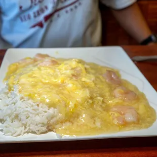 prawn with runny egg over rice $15