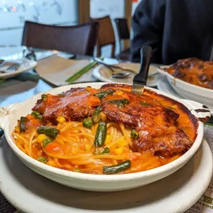 baked pork chop spaghetti $13.25