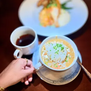 Freshly Brewed Joffrey's Coffee-, Cup of Chicken Gumbo Soup, Mashed Potatoes