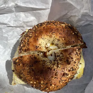 Bacon, egg, cheese on everything bagel