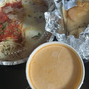 Eggplant parm, bisque, garlic knots