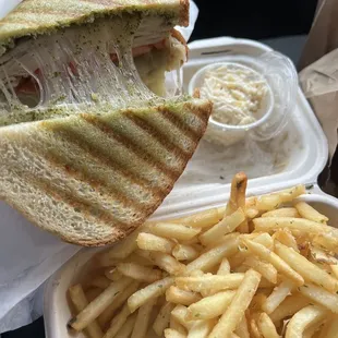 Hot Turkey Pest Sandwich comes with spaghetti mac salad. Truffle fries ono!