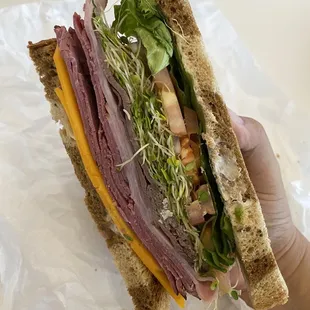 a hand holding a sandwich
