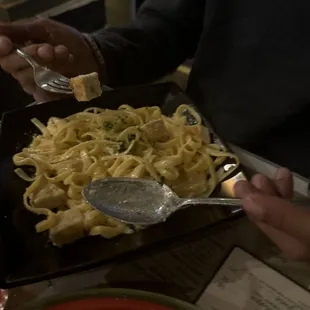 Fettuccine chicken Alfredo.