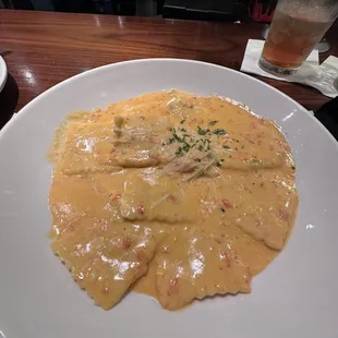 Mushroom Ravioli with roasted red pepper sauce