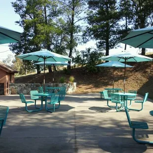 tables and umbrellas on a patio