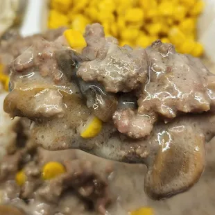 Hamburger,corn, and cream of mushrooms.