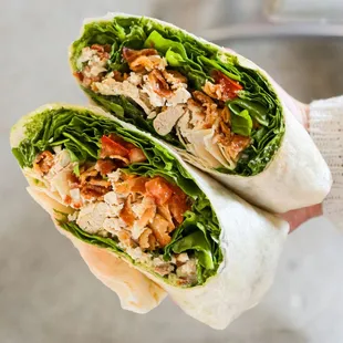 a hand holding a chicken wrap