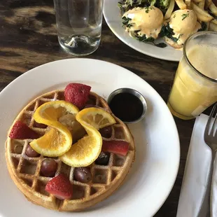 Waffles, fresh pressed orange juice