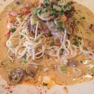 Crawfish and crab cake pasta....after a couple bites.