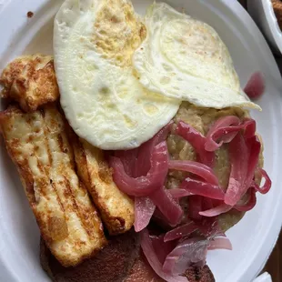 Mangu breakfast. Mashed green bananas were ok needed some More flavor