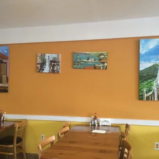 Paintings brighten up the clean interior.