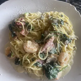 Lunch Pasta Romano on a chipped plate.