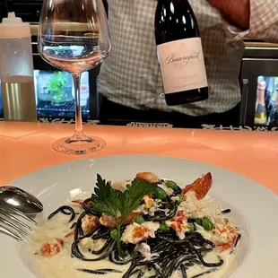 Squid ink pasta with lobster with my favorite Beauregard wine!