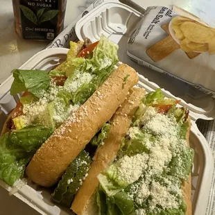 Chicken Romano Sub and chips