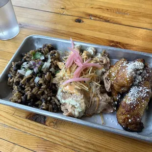 Pork combo with sweet plantains and rice and beans