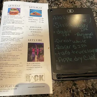 a menu and a tablet computer
