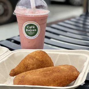 Quibe Queijo ($4), Coxinha ($4), and Dragonfruit &amp; Mango Smoothie ($9)