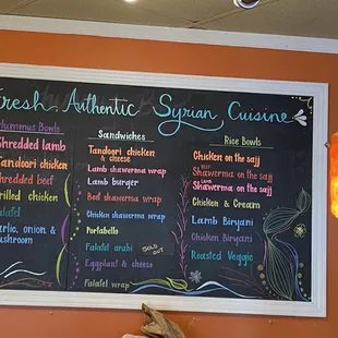 a menu on the wall