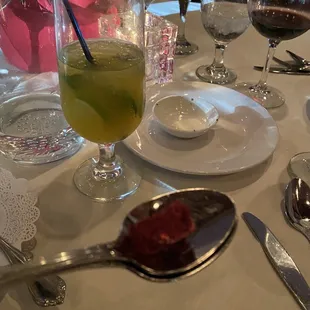 Always a delight...before the main course after appetizers..they serve a fresh delightful pomegranate sorbet to clean the palette