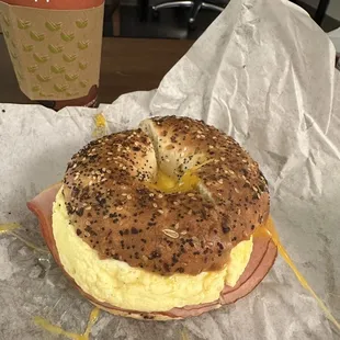 Latte and Everything Bagel with Ham, egg, and cheese