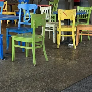 Stuff all over the floors, dirty sticky table tops, grimy chairs.  This place needs a serious deep cleaning.