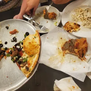 Pizza, chicken Alfredo, meatball sub