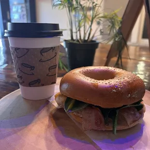 Breakfast bagel &amp; honey cinnamon latte