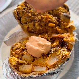 Chorizo burrito with orange salsa