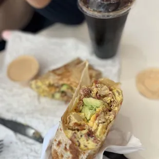 Bacon breakfast burrito with avocado