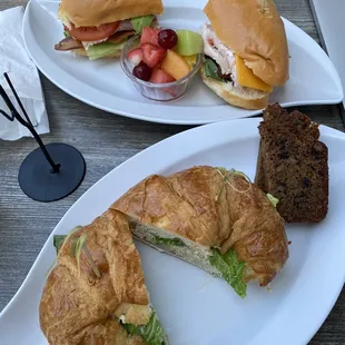 a croissant sandwich and a croissant cake