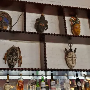 a display of masks on a wall