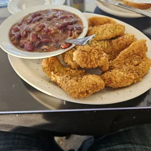 Fried catfish with red beans and rice