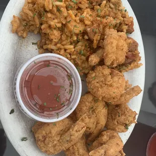 Fried shrimp great, jambalaya not great
