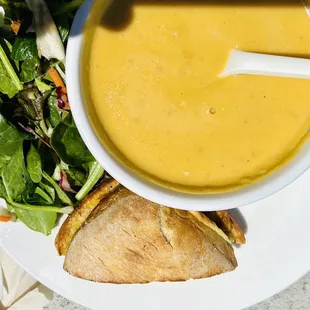 The soup, salad &amp; 1/2 sandwich combo was a great bargain. Although it was more like a 1/4 sandwich.  Soup was tasty.