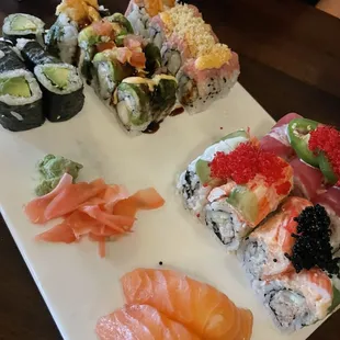 a plate of sushi and rolls