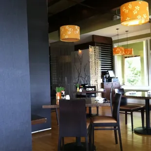 a table and chairs in a restaurant