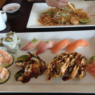 volcano roll, salmon avocado roll, eel, shrimp, yellowtail &amp; salmon nigiri