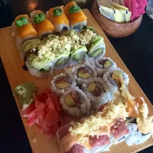 (From top to bottom) Roasted eggplant, cucumber avocado, salmons avocado, and spicy shrimp tempura