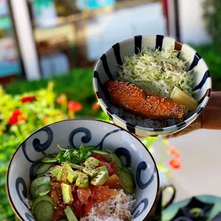 Poke Donburi and teriyaki salmon