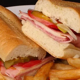 a sub sandwich and french fries