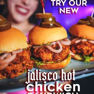 :      
Homemade brioche bun w/creamy jalapeño aioli tomato + pickled onion &amp; jalapeño