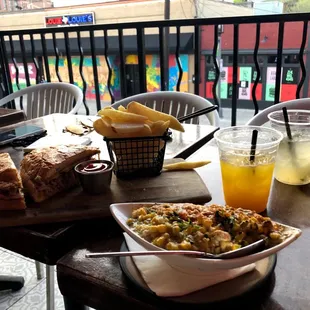 a table with food and drinks