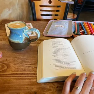 Vanilla latte, studying.