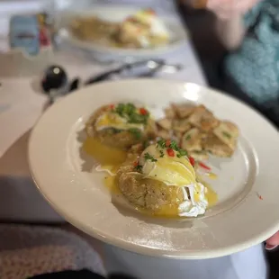 Crab cakes and eggs