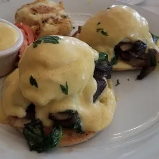 Eggs Benedict w spinach and mushrooms and potato casserole