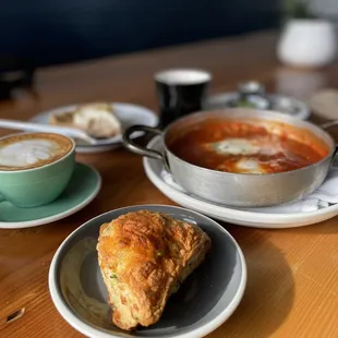 Moroccan eggs  Cheddar scone  Earl grey pie