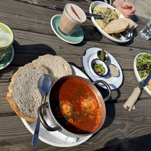 Moroccan Eggs, mushroom avocado sandwich, mushroom omelet, matcha latte, chai latte