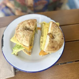 Bagel w/ egg and cheese added avocado