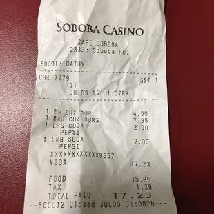the receipt for the restaurant